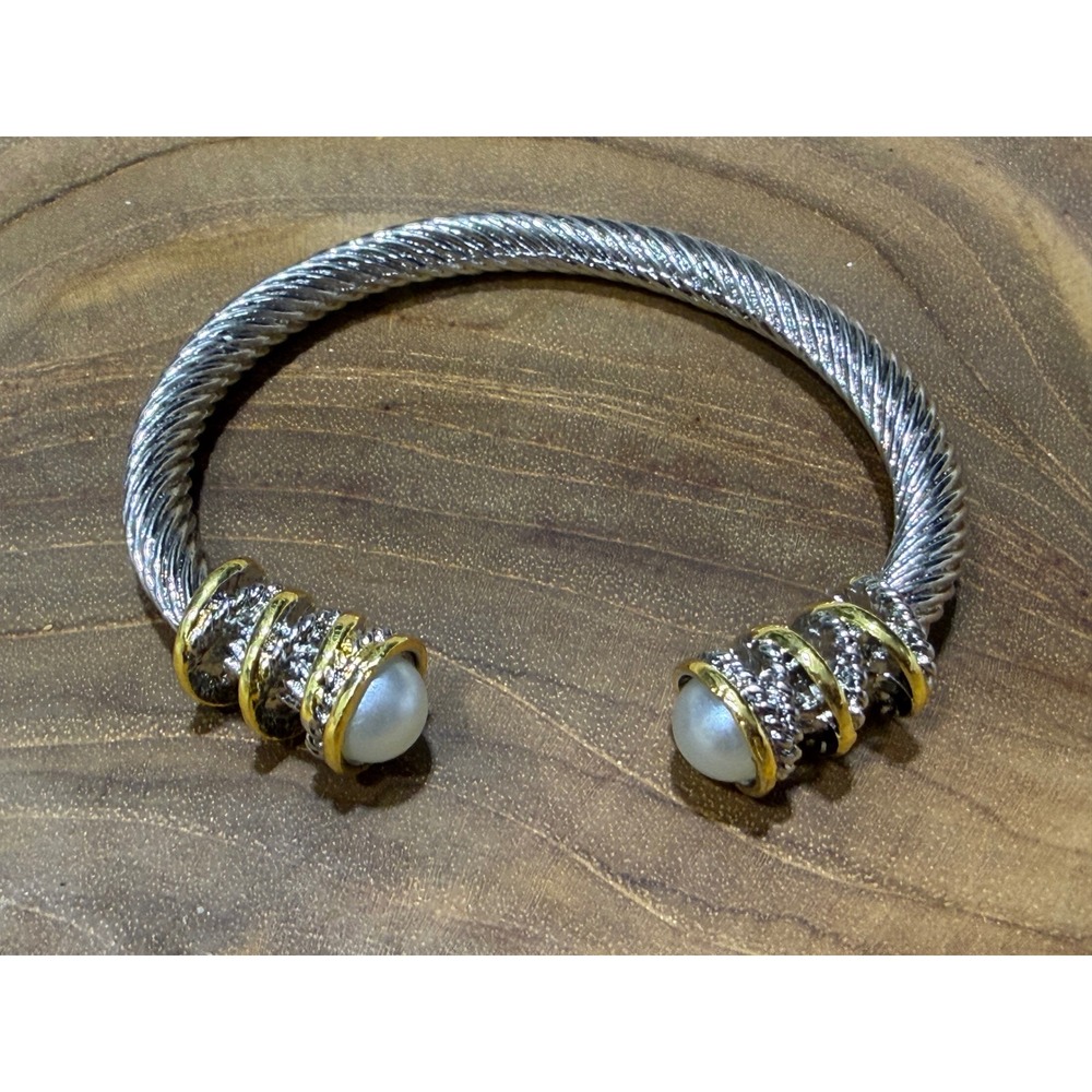 Two Tone Cable Twist Cuff Bracelet with Faux Pearl Terminals Silver Gold Tone